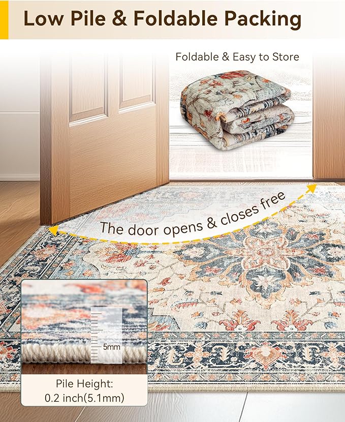 Area Rugs 2'x8' Washable Non-Slip, Floral Vintage Distress Print Pattern Medallion Carpet for Living Room Bedroom Dining Room, Beige Navy Blue Orange Colorful