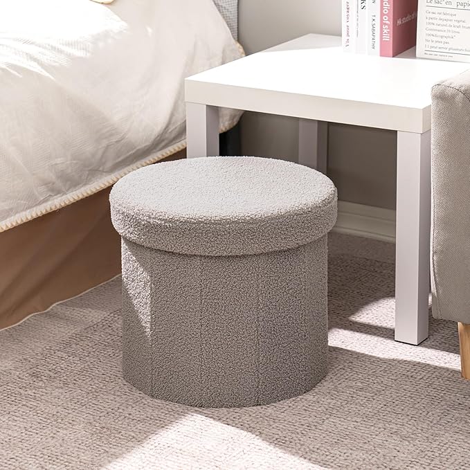 B FSOBEIIALEO Storage Ottoman Cube, Round Ottomans with Storage Foot Stool Footrest for Lving Room, Boucle Ottoman Seat for Dorm Room,Faux Teddy Fur, Grey 15"x15"x15"
