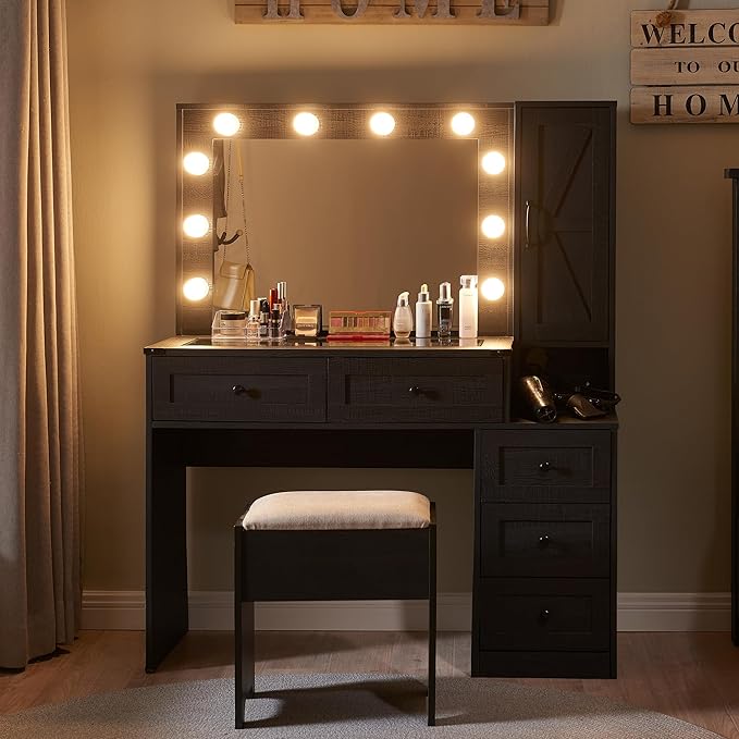 Farmhouse Vanity Desk with Mirror and Lights, 43" Wide Makeup Vanity with Glass Tabletop and Charging Station, Modern Vanity Table Set with Storage and Stool for Bedroom, Black