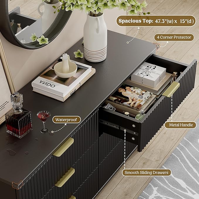 Lulive Black Dresser for Bedroom Wood Dressers Chest of Drawers, Fluted 53.2" Wide Modern Long Dresser TV Stand 6 Drawers for Bedroom, Closet, Living Room, Hallway