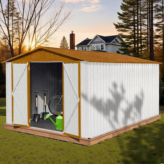 10 x 12 FT Outdoor Storage Shed, Metal Garden Tool Shed with Slooping Roof, Lockable Doors and Windows, Easy to Assemble for Garden, Patio, Lawn, White+Yellow