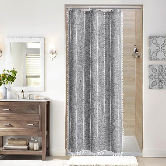 MitoVilla Dark Grey Boho Small Stall Shower Curtain Set 36 x 72, Half Size Narrow Polyester Linen Fabric Shower Curtains for Farmhouse Bathroom Decor, Charcoal Grey