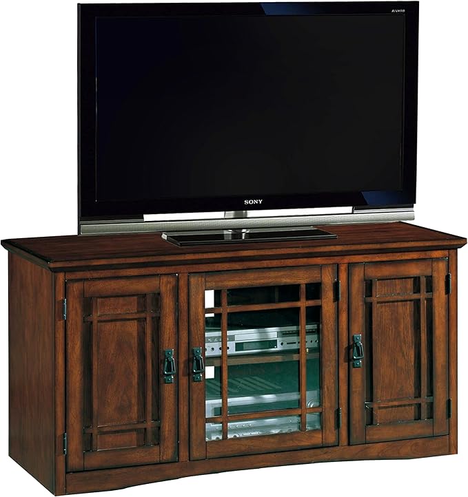 Leick Home 82350 Solid Wood Mission Oak Three Door TV Stand For 55" TVs Universal TV Console Living Room Storage Shelves Entertainment Center, Mission Oak