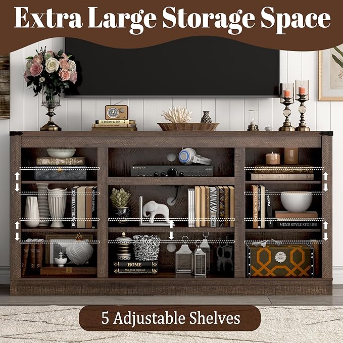 66" Farmhouse TV Stand for 75 Inch TV, 33" Tall Entertainment Center with Power Outlets & Sliding Barn Door, Wood TV Stands with Storage, TV Media Console for Living Room, Brown