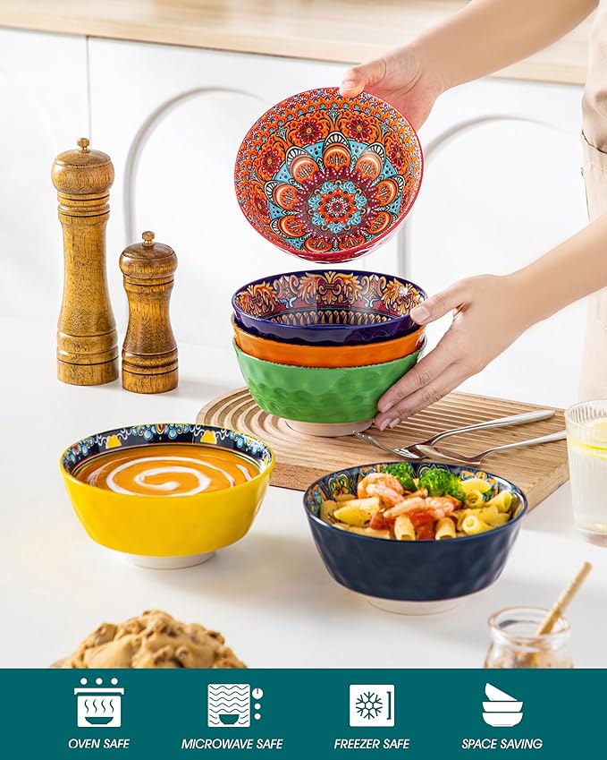 vancasso 26oz Cereal Bowls Set of 6, Boho Ceramic Soup Bowls with Colorful Bohemian Pattern, Microwave & Dishwasher Safe Serving Bowls for Salad, Oatmeal, Pasta, KRVI Series
