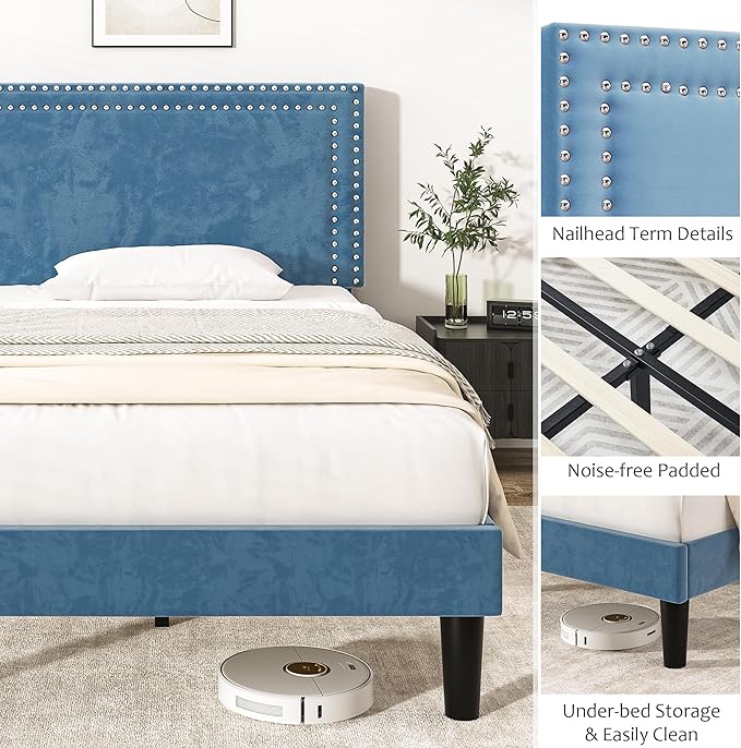 VECELO Full Size Bed Frame with Adjustable Upholstered Headboard, Wooden Slats Platform, Noise-Free Design, Easy Assembly