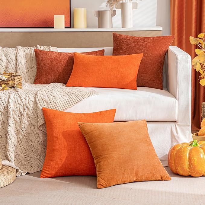 MIULEE Fall Pack of 2 Bright Orange Throw Pillow Covers 16x16 Inch Soft Chenille Pillow Covers for Sofa Living Room Couch Solid Dyed Cases