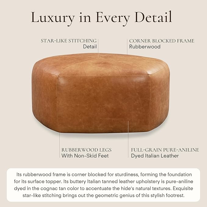 Poly & Bark Porto Ottoman – 37" Pentagon Pouf with Feather-Down Topper – Full-Grain Leather Upholstered Pouf Ottoman for Living Room – Vintage Italian Leather in Cognac Tan