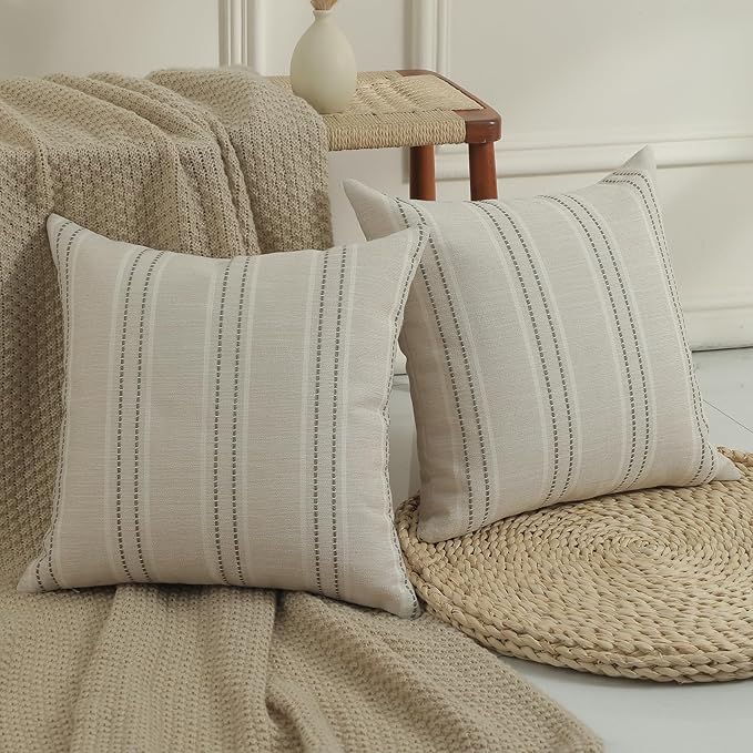 Hckot Throw Pillow Covers 22x22 Set of 2 Striped Pillow Covers Textured Linen Decorative Pillows Square Cushion Covers for Sofa Couch Bed Living Room Farmhouse Decor,Greyish Green