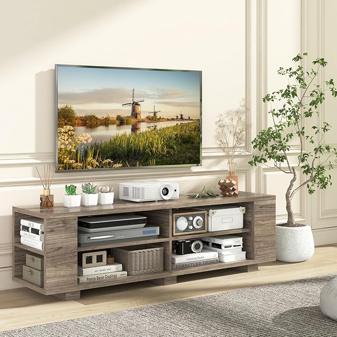 Giantex Modern TV Stand for TVs up to 65 Inch, Wood Entertainment Center w/ 8 Open Storage & Adjustable Shelves, Television Stands w/Cable Holes, TV Console Table for Living Room Bedroom (Black Oak)