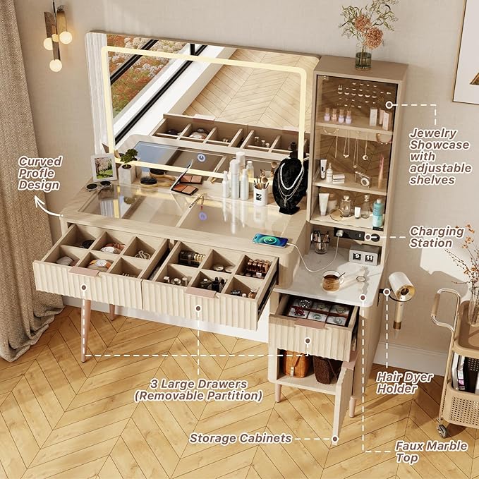 48" Fluted Makeup Vanity Desk with 36" Mirror and 3 Modes Lights, Glass Top Dressing Table with Jewelry Organizer Cabinet, Storage Cabinet, 3 Drawers, Charging Station for Bedroom, Oak