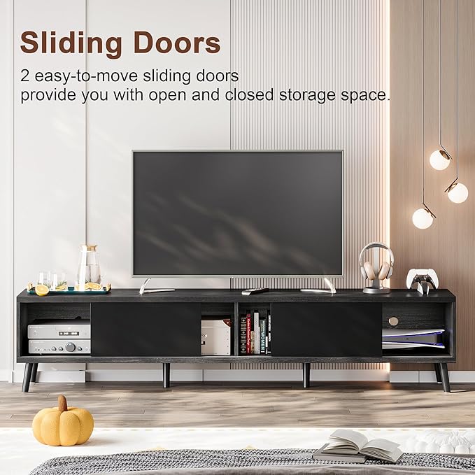 Clikuutory Mid Century Modern 70 Inch TV Stand with Two Large Storage Space for 50 55 60 65 70 75 80 Inch TVs, TV Console with Two Sliding Door, Entertainment Center for Bedroom, Grey