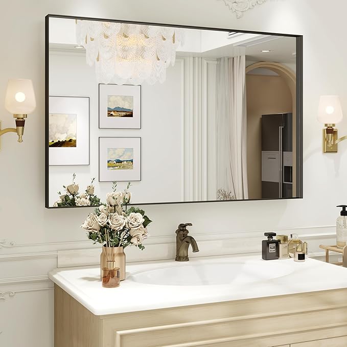 48x30 Inch Black Bthroom Mirror, Black Metal Frame Vanity Mirror for Wall,Square Corner, Rectangle,Tempered Glass,Anti-Rust (Horizontal/Vertical),Bedroom, Living Room, Entryway
