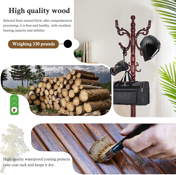 Coat Rack Stand, Solid Wooden Coat Tree with 14 Hooks, Heavy Duty Coat Rack Freestanding with Sturdy Round Base, Natural Birch Wood Coat Hanger Stand for Entryway Bedroom (Triangle Redwood)