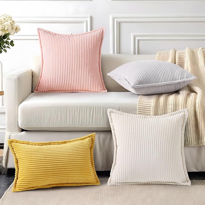 Mecatny Corduroy Throw Pillow Covers 22x22 Set of 2, Neutral Decorative Soft Boho Couch Pillow Covers with Broadside for Sofa Living Room, Grey