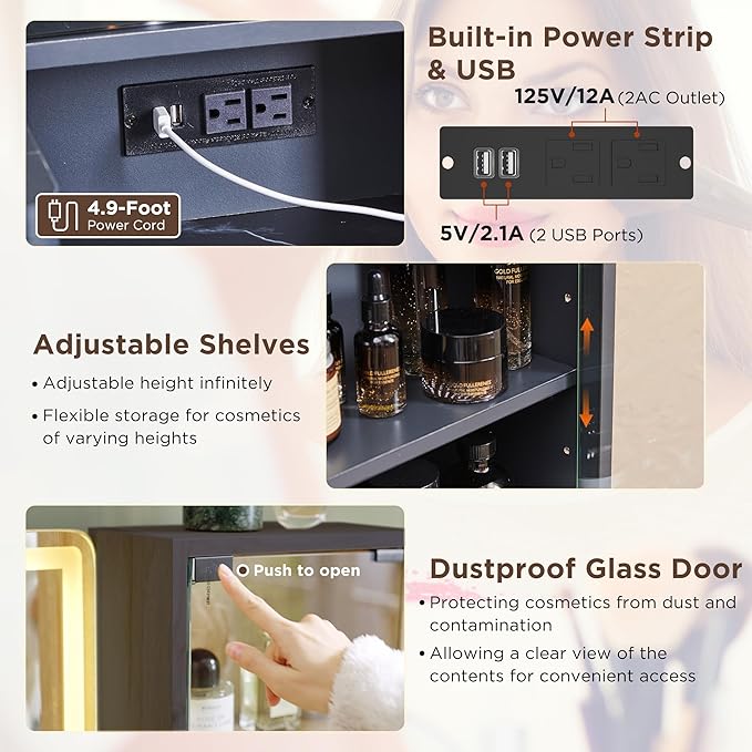 T4TREAM 48" Fluted Makeup Vanity Desk with Large 36" Mirror and Lights, Modern Glass Top Big Vanity Table with 5 Drawers & Adjustable Shelf, Dressing Table w/Charging Station for Bedroom, Dark Grey