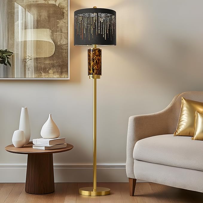 Oneach 63.75" Floor Lamp for Living Room, Modern Gold Lamp with LED Leopard Glass Night Light, Vintage Standing Lamp, Black Lampshade, Unique Luxury Tall Lamp for Bedroom Home Office(Bulb Included)