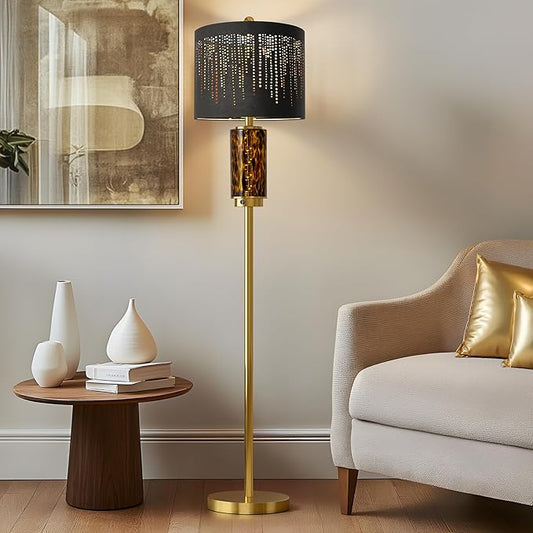Oneach 63.75" Floor Lamp for Living Room, Modern Gold Lamp with LED Leopard Glass Night Light, Vintage Standing Lamp, Black Lampshade, Unique Luxury Tall Lamp for Bedroom Home Office(Bulb Included)