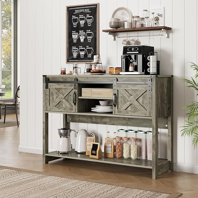 Console Table with Storage Shelf & Sliding Barn Door, Farmhouse Entryway Table with Storage, 46" Narrow Long Sofa, Behind Couch, Console Tables for Living Room (Light Grey)