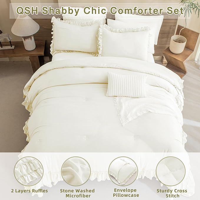 QSH Ruffle Comforter Set King Size, Shabby French Country Chic Bedding Ivory Comforter Sets, 3 Pieces Farmhouse Lightweight Boho Comforter Set for Bed, Ultra Soft Microfiber Fluffy Bedding