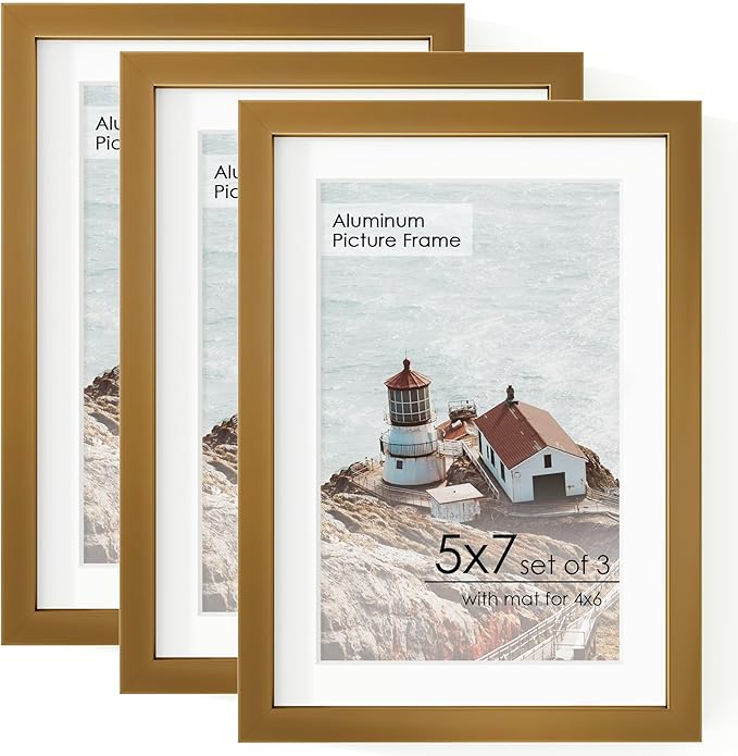 5x7 Picture | Metal Picture Frame With Mat For 4x6 | 5x7 Aluminum Frame | 5 x 7 Photo Frame | Plexiglass And Hanging Hardware Included | 5x7 Black Picture Frame | 3Pcs, Bronze