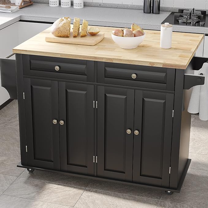 Rolling Kitchen Island with Drop Leaf – Movable Kitchen Carts on Wheels Island with Storage Cabinet, Island Table for Kitchen with Rubber Wood Top and Rack and Drawer, Matte, Black