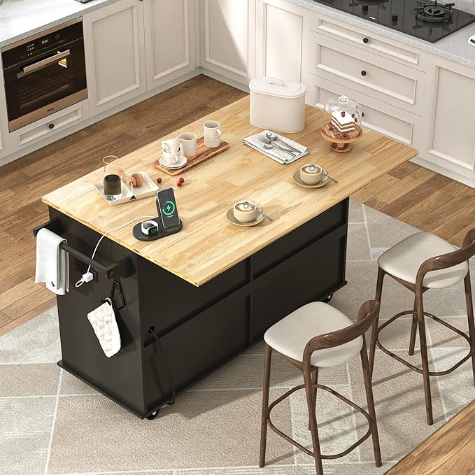 59" W Rolling Kitchen Island with Drop Leaf – Movable Kitchen Carts on Wheels Island with Storage Cabinet, Island Table for Kitchen with Rubber Wood Top and Rack and Drawer, Matte, Black