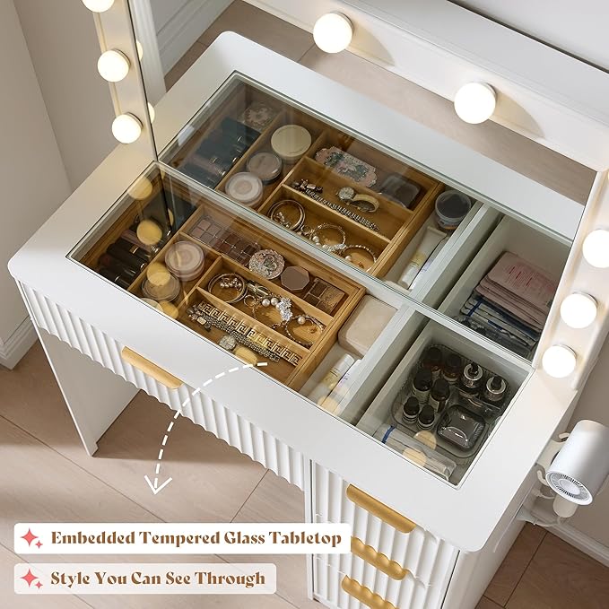 AMERLIFE 36.2" Fluted Vanity Desk with Large Mirror and Adjustable LED Lights, 4 Drawers Makeup Table with Glass Top and Charging Station for Women and Girls, Bedroom or Dorm, White