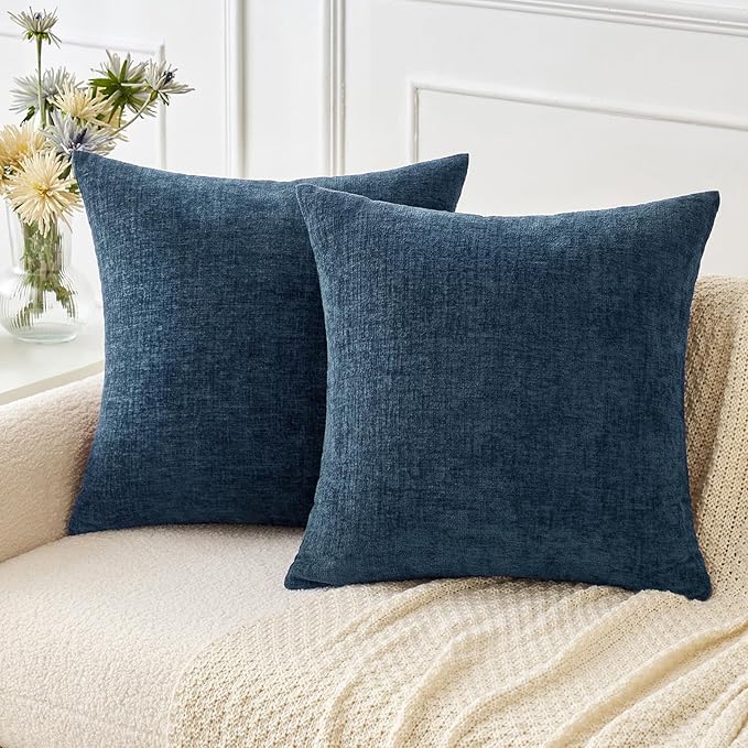 MIULEE Pack of 2 Blue Throw Pillow Covers 16x16 Inch Soft Chenille Pillow Covers for Sofa Living Room Couch Solid Dyed Cases