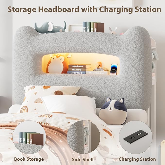 GarveeHome Upholstered Twin Bed Frame with 2-Tier Storage Headboard, LED Platform Bed with Charging Station and Drawer for Kids/Girls/Boys, Heavy Duty Metal Support, No Box Spring Needed, Grey