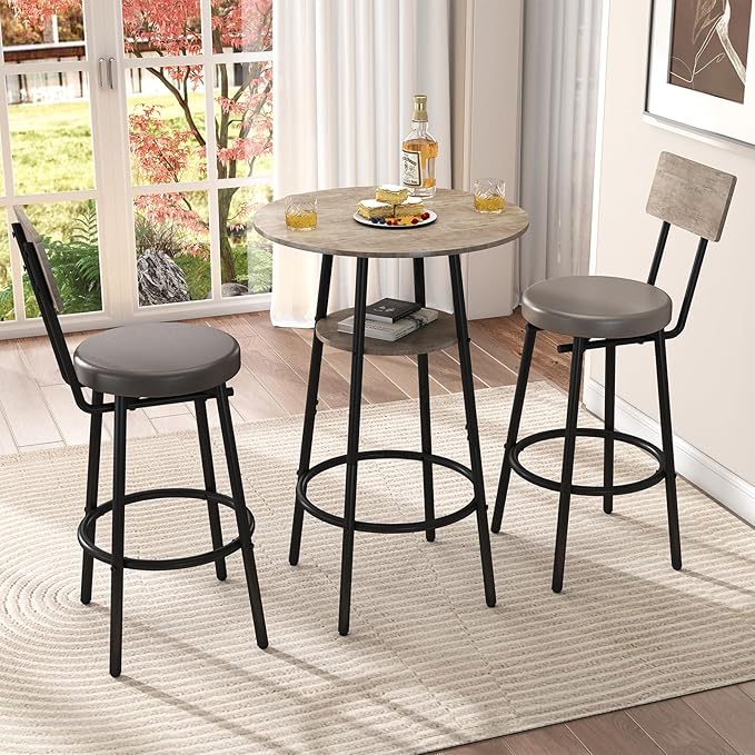 3 Pieces Round Bar Table and Chairs Set, Small Dining Table for 2, Kitchen Bar Table, Breakfast Table with Storage, 2 Thickened Cushion Stools with Backrest for Dining Room & Bistro-Grey