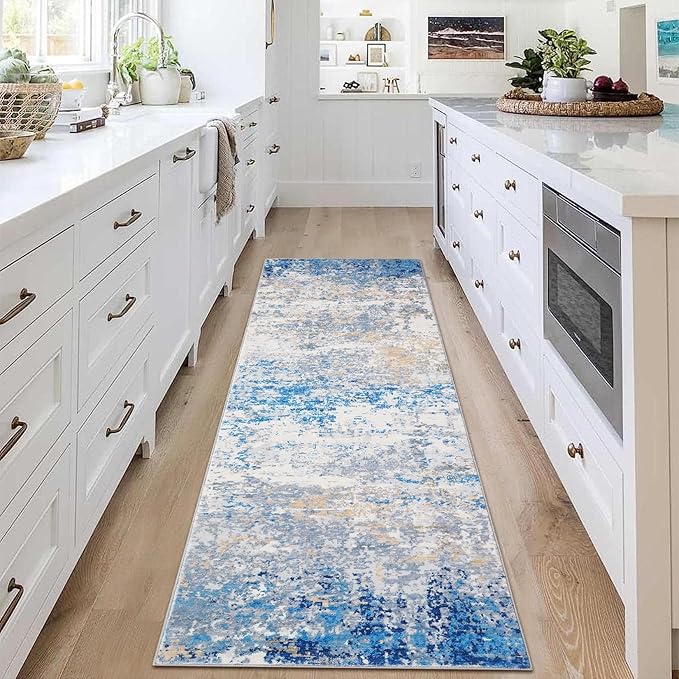 2x6 Modern Abstract Runner Rug Non Slip Soft Stain Resistant Low Pile Machine Washable Non Shed Rug for Hallway Kitchen Bathroom, Blue/Grey