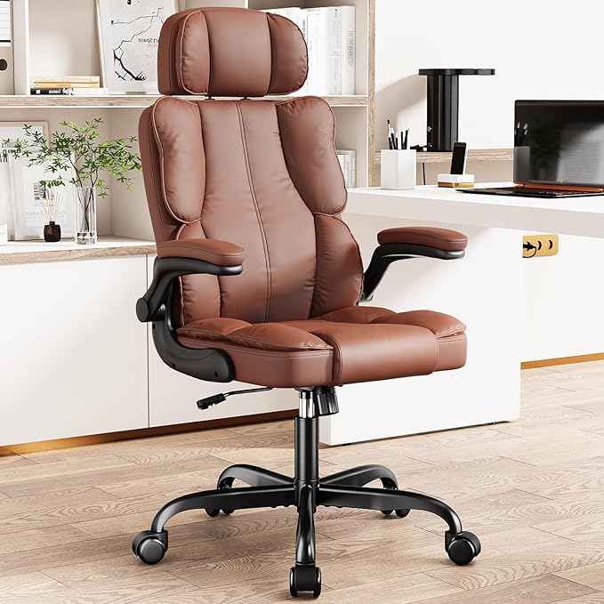Executive Leather Office Chair, Computer Chair with Thick Cushion & Lumbar Support, Ergonomic Desk Chair with Adjustable Headrest & Armrests,Brown