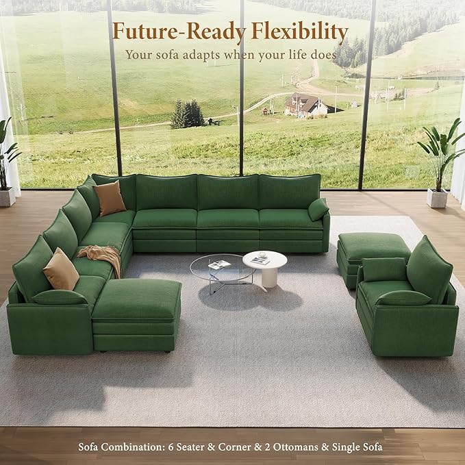 Vesgantti Large Modular Sectional Sofa, Big Comfy Cloud Couch with Ottoman Deep Seat Chenille Cloud Sofa, 9 Seater Large Sectional Couches for Living Room, Bedroom and Apartment, Green