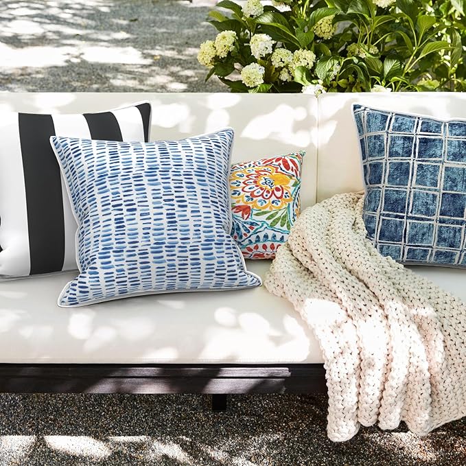 Outdoor Throw Pillow Covers Pack of 2, Decorative Water Repellent Square Pillow Cases 18x18 Inch, Patio Pillowcases for Home Patio Furniture Use, Denim Blue Checkered