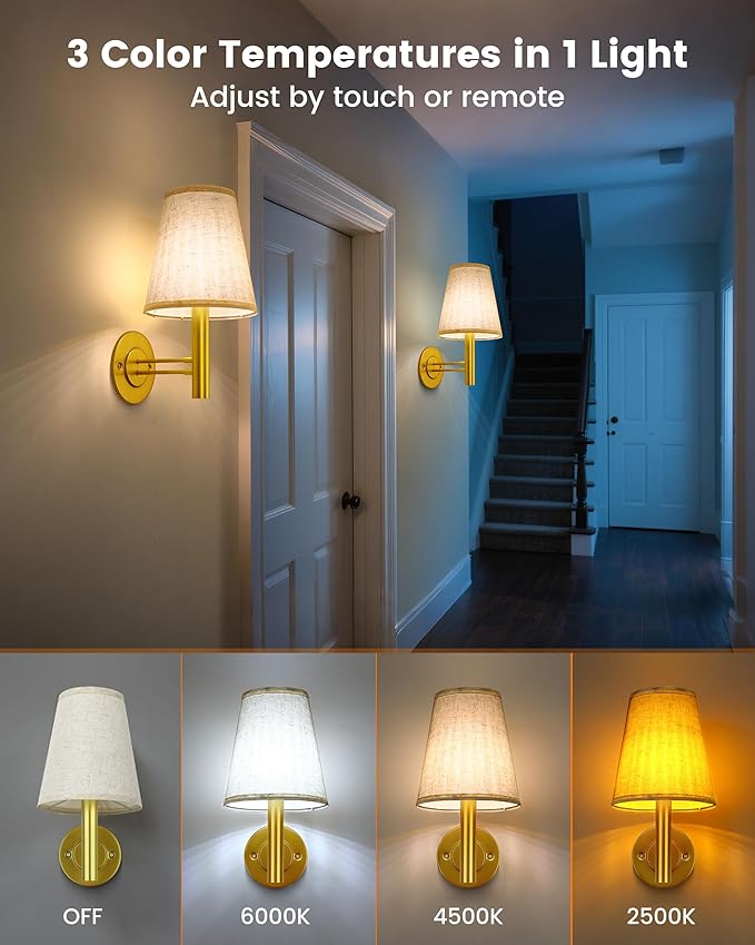 Battery Operated Wall Sconces Lights Decor for Bedroom Set of 2, Wireless Rechargeable LED Wall Lamp with Remote & Touch Control, Wall Mount Lighting Fixture for Living Room, Satin Gold