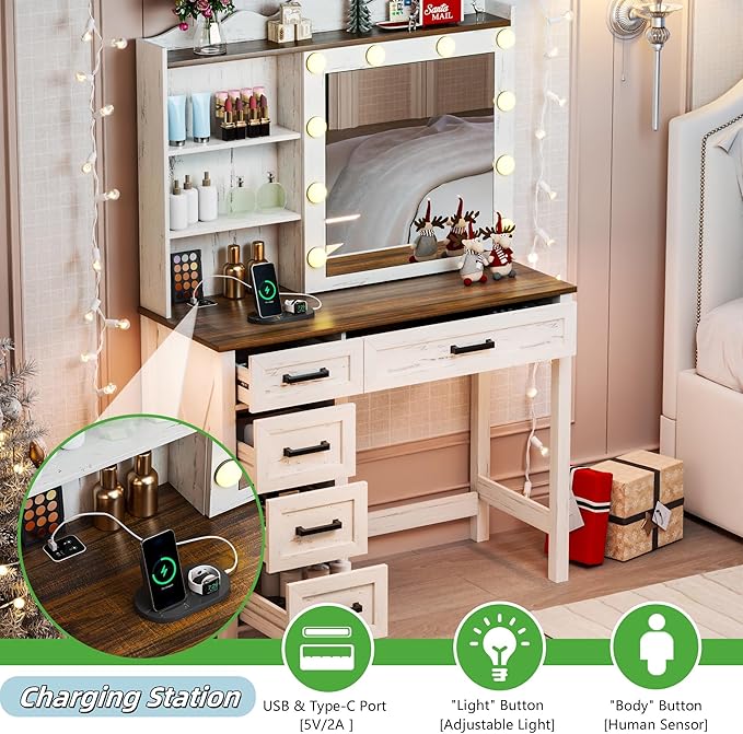 Farmhouse Makeup Vanity, Vanity Desk with Built-in Charging Station, Wood Vanity Set with 3 Levels of Open Storage Shelves & 3-Color Lighting, Makeup Desk with Hidden Storage, White