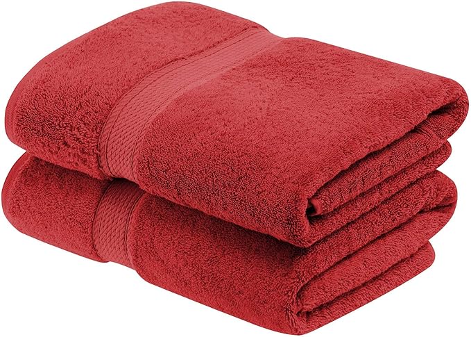 Superior Egyptian Cotton Pile Bath Towel Set of 2, Ultra Soft Luxury Towels, Thick Plush Essentials, Absorbent Heavyweight, Guest Bath, Hotel, Spa, Home Bathroom, Shower Basics, Red