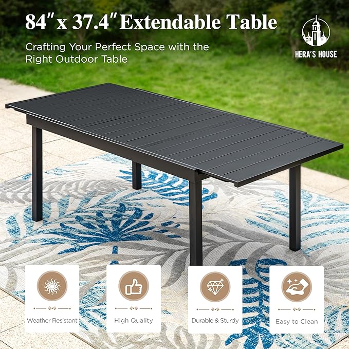 HERA'S HOUSE 7 Pieces Patio Table and Chairs Set, Outdoor Dining Set for 7, 6 x Cushioned Woven Rattan Patio Chairs and 1 x 61”/84” Black Extendable Metal Table, Outdoor Rattan Dining Set for Lawn