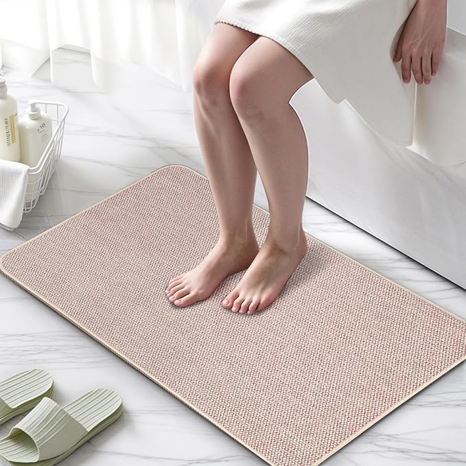 Upgraded Thin Bathroom Rugs, Bath Mat Super Absorbent, Bath Rugs Rubber Backing Non-Slip, Quick Dry Machine Washable, Cozy Cloth Bathroom Mat fit Under Door/Sink/ Bathtub/Shower/Kids 24''x36''-Biege