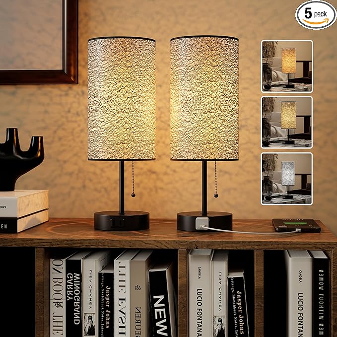 Table Lamp for Bedroom,Nightstand Lamp for Bedside with AC Outlets,Adjustable 3color LED Light Desk Lamp for Home Decor,Included Bulb and Lamp Shade (Black-OnlyAC, 2PCS)