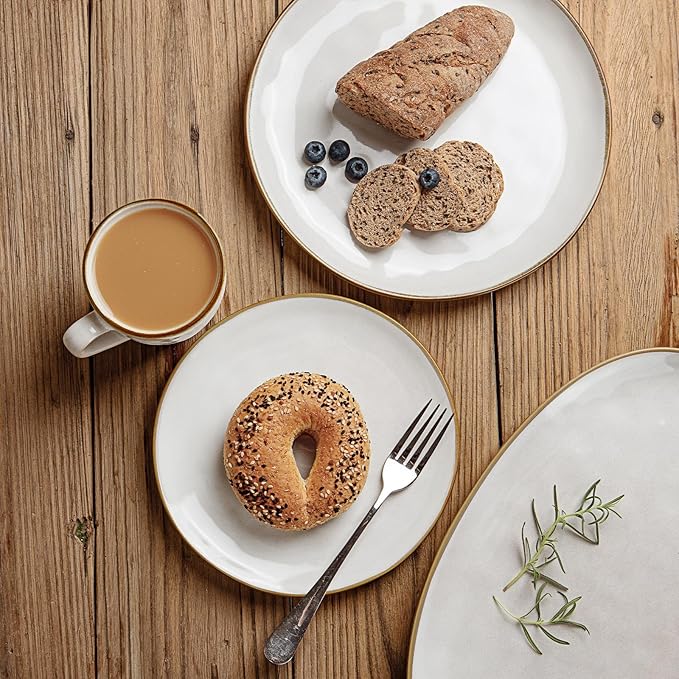 Famiware Dinnerware Sets for 8, Ocean Round 24-Piece Kitchen Plates and Bowls Sets, Reactive Glaze, Microwave and Dishwasher Safe, Scratch Resistant, Cappuccino White