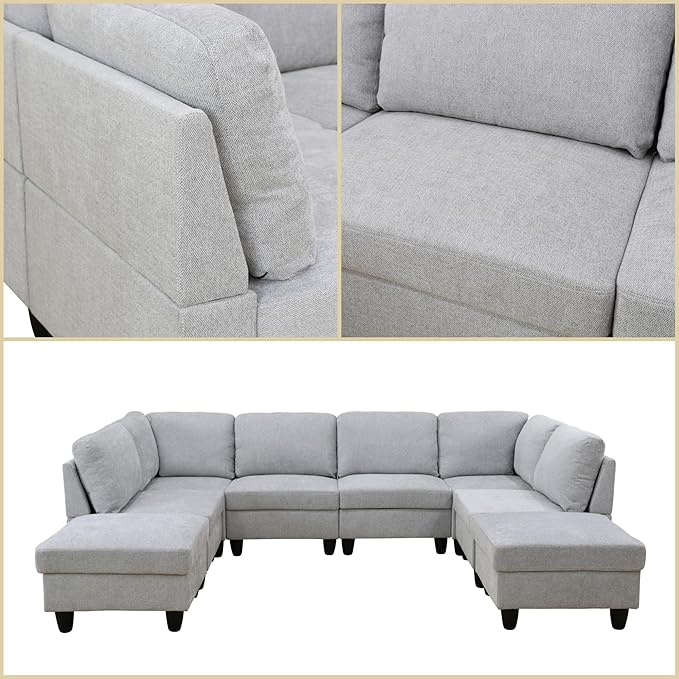 U Shaped Sectional Couch, Convertible Modular Sectional Sofa with Ottomans, 8 Seat Comfy Corner U Shaped Couch Lounge Modern Modular Couches for Living Room Apartment, Grey