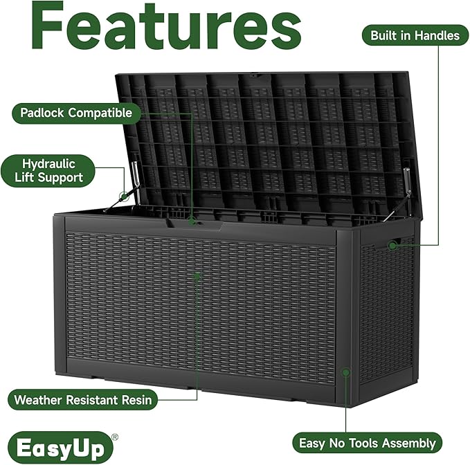 100 Gallon Outdoor Storage Box Waterproof, UV Resistant Resin Deck Box with Hydraulic Rod, Reinforced Stability for Patio, Garden, Rattan Black