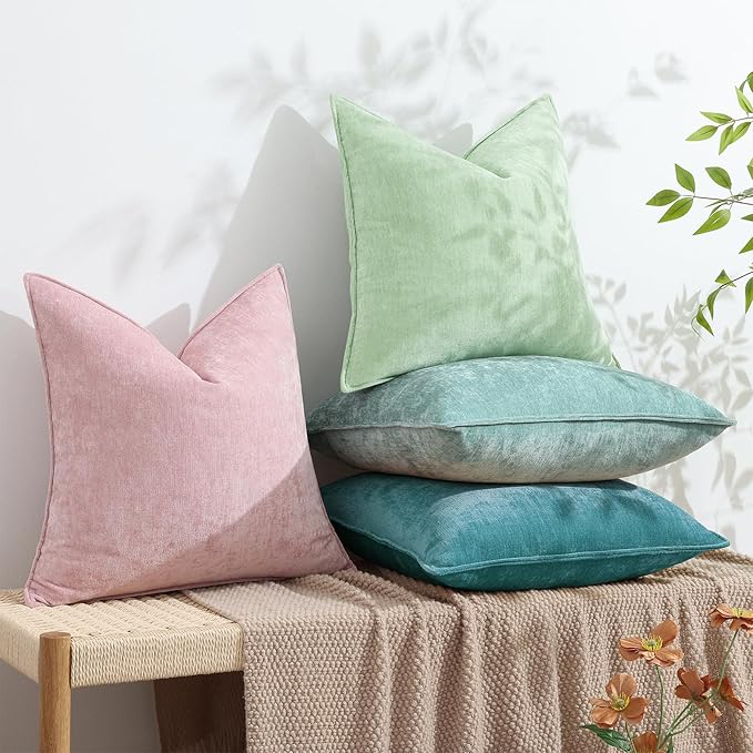 decorUhome Couch Throw Pillow Covers 24x24 Set of 2, Decorative Soft Euro Neutral Chenille Pillow Covers with Elegant Design for Sofa Bed Living Room Home Decor, Teal