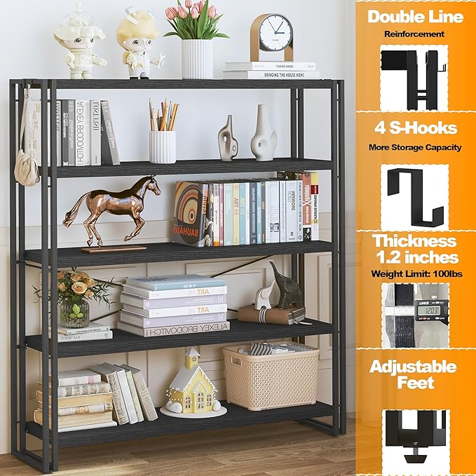 HCHQHS Bookshelf, 5-Tier Industrial Bookcase, Black Open Book Shelf, Freestanding Tall Bookshelves with Metal Frame
