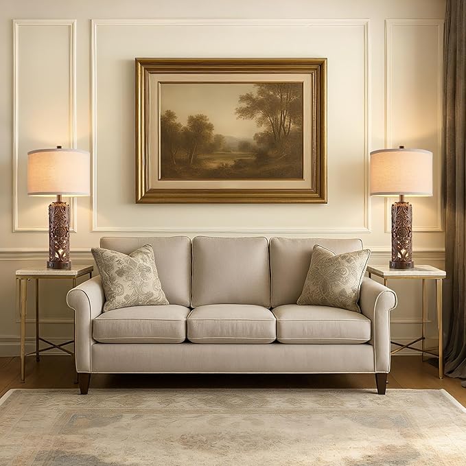 Farmhouse Table Lamps Set of 2, Vintage Lamp for Living Room and 2 USB Ports Bedside Lamp with Nightlight for Bedroom, Dark Brown Hollow Out Resin Nightstand Lamp, 2 Bulbs Included