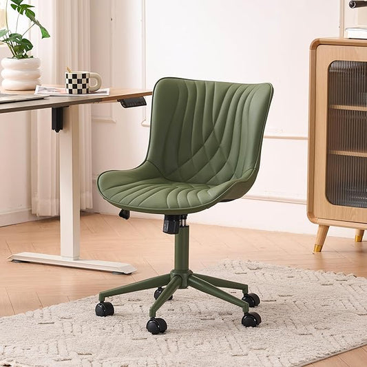 YOUTASTE All Olive Green Office Chair, Modern Armless Desk Chair with Back, Adjustable Swivel Rolling Faux Leather Task Chair with Wheels Metal Base for Home Office, Study, or Vanity