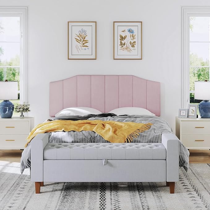 Velvet Queen Size Headboard, Upholstered Headboard Queen/Full Size Wall Mount and Bed Frame Mount, Featuring High-Density Sponge Padding Luxury Texture Easy Assembly Comfort Style-Pink