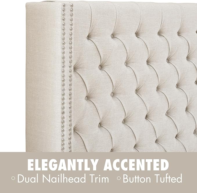 Madison Park Amelia Upholstered Headboard | Nail Head Trim Wingback Button Tufted | Queen, Cream